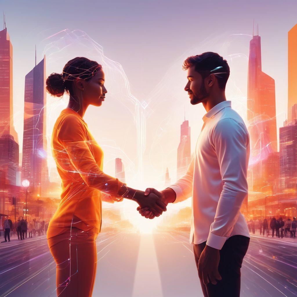 An abstract representation of intertwined digital and physical worlds, showing a glowing online profile morphing into two people shaking hands in a vibrant cityscape. Include elements like social media icons turning into real-life interactions, warm colors symbolizing connection. Futuristic technology blending with human emotion, highlighting the dynamics of relationships. vector art. vibrant colors. white background.