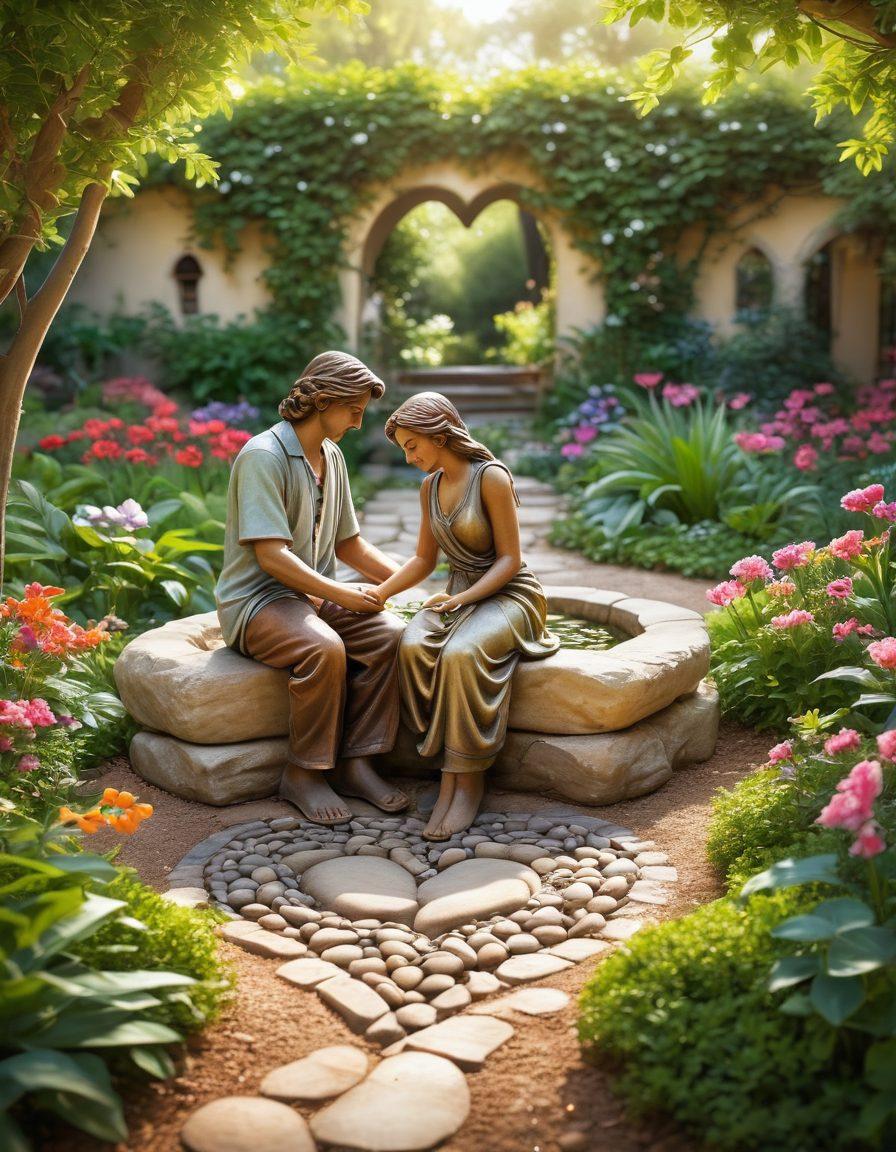 A serene couple sitting together in a lush garden, surrounded by blooming flowers symbolizing growth and devotion. They are holding hands, with gentle smiles reflecting deep commitment, while soft sunlight filters through the leaves above. In the background, a heart-shaped path made of stones leads to a small fountain, symbolizing a lifelong journey of love. vibrant colors. super-realistic.