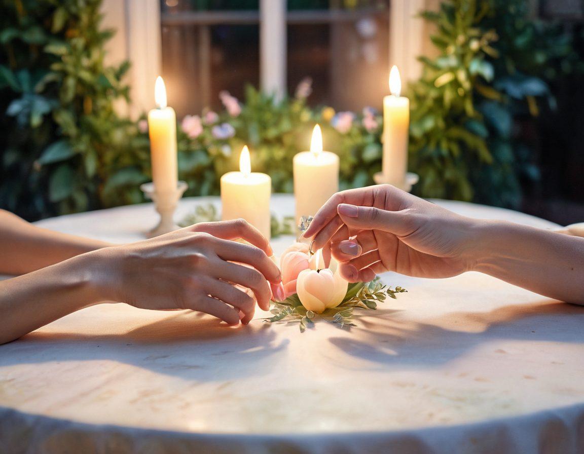 A beautifully set intimate dinner table with candlelight, showcasing two hands gently reaching for each other across the table, symbolizing connection and devotion. The background features soft, romantic lighting and a serene garden, enhancing the atmosphere of love and submission. Elements like heart-shaped decorations and subtle floral arrangements bring warmth. watercolor painting. soft pastels. dreamy atmosphere.